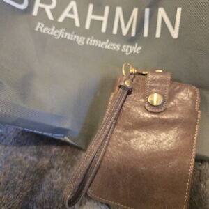 Brahmin Taupe Leather Wristlet Card Holder with Strap
